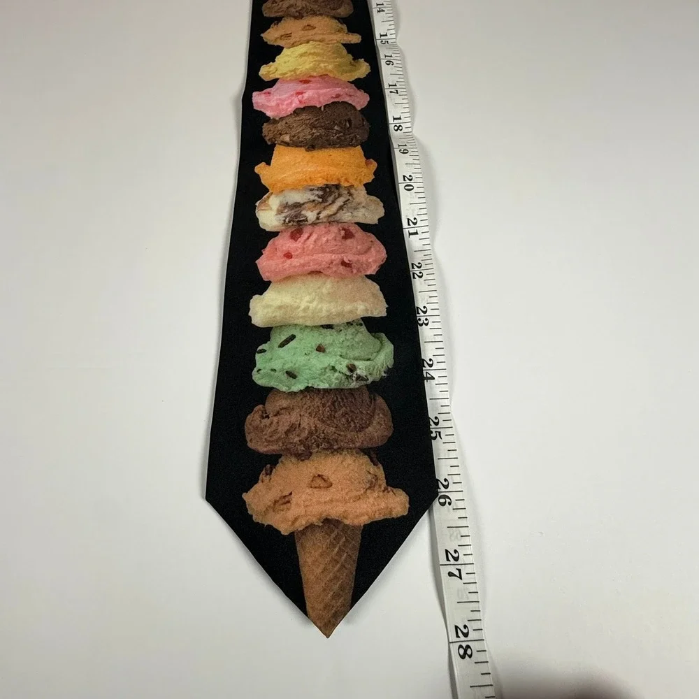 Vintage 1997 Ralph Marlin Ice Cream Novelty Tie USA Dessert Scoops Black Necktie